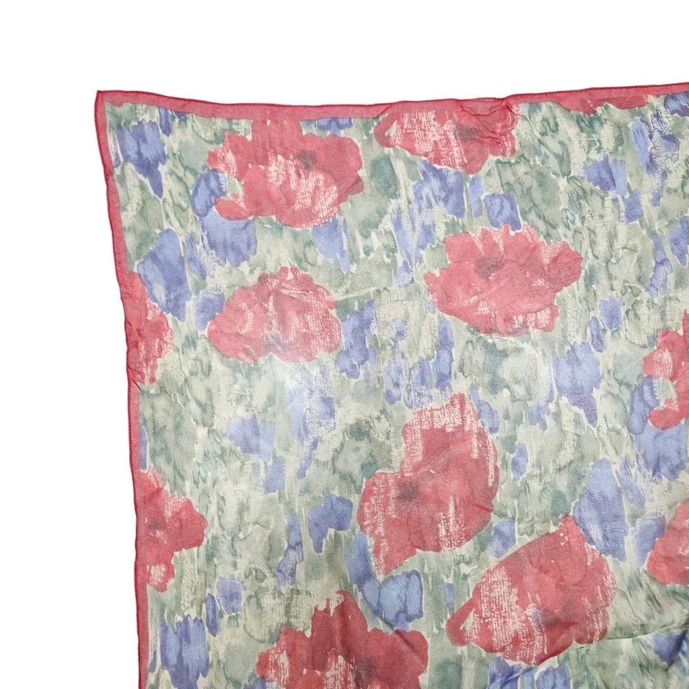 Floral Scarf‎ Womens OS Red Sheer Poppy Print Square Neckerchief Accessory